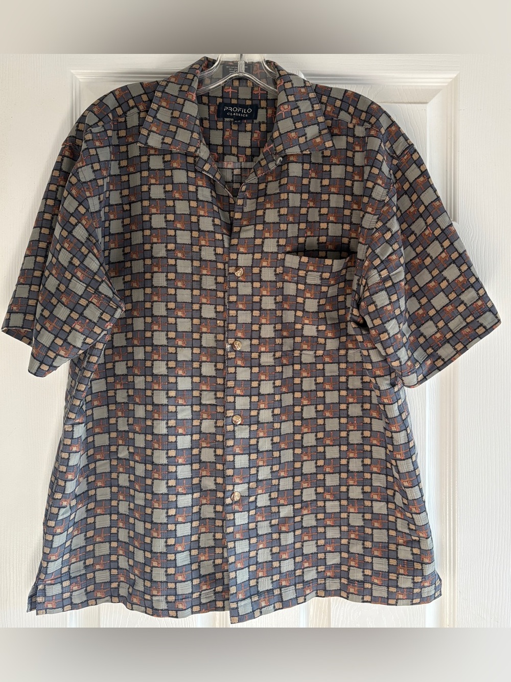Vintage 90s Profilo Classics Geometric Sage Patchwork Button Up Shirt Medium M
